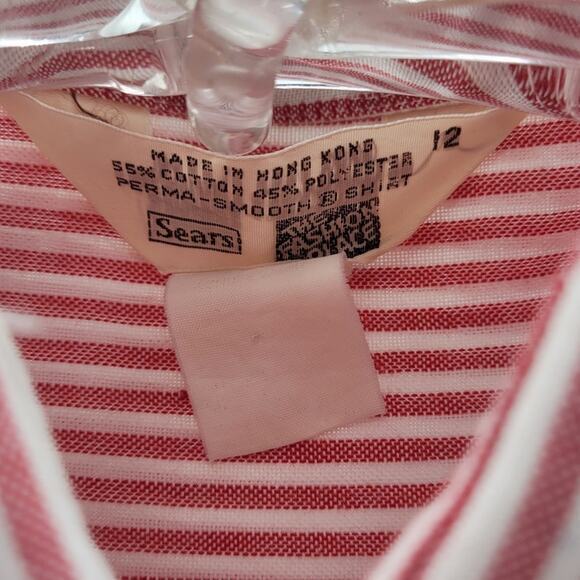 Sears Vintage 80s Red Stripe Long Sleeve‎ Button Up Academia Oxford Blouse Top - Picture 4 of 12